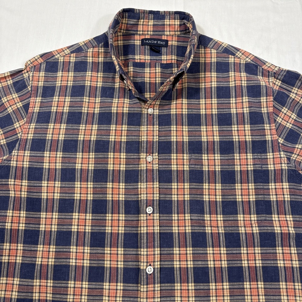 FLANNEL Shirt Mens Large Tall Red Navy Plaid 16-16.5 Tailored Fit LANDS END
